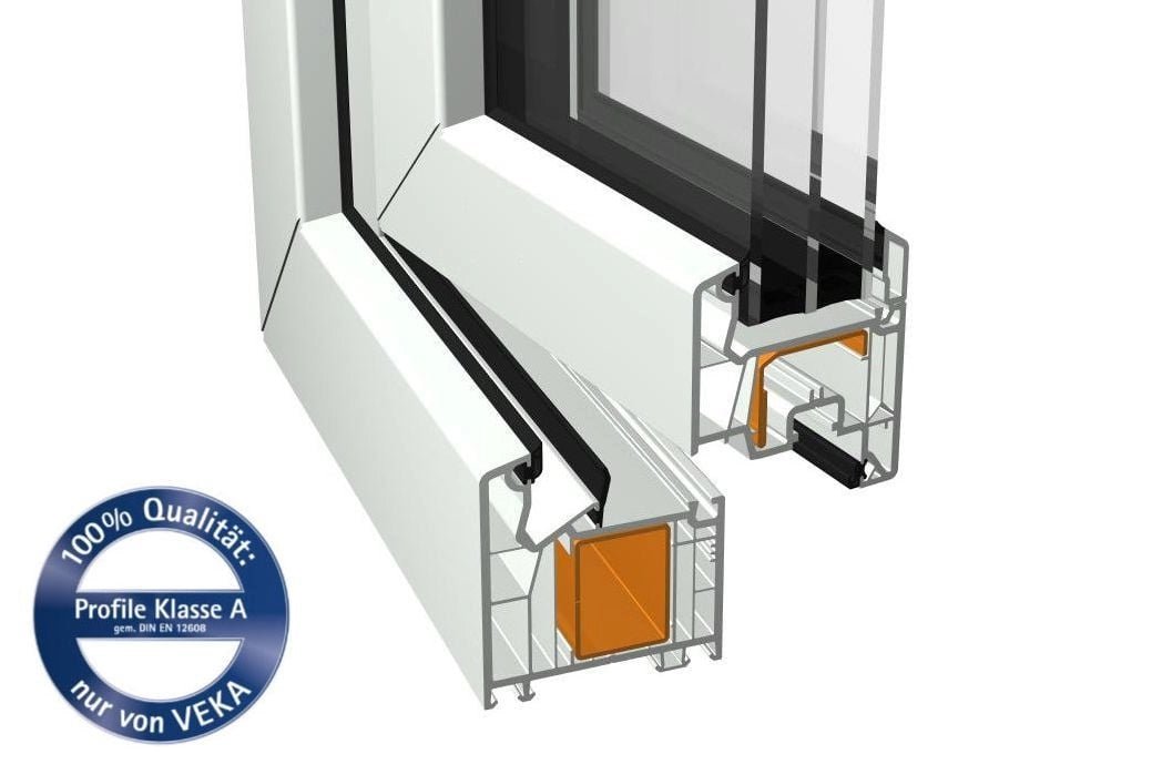 Cross-section view of a white and silver aluminum window frame profile with a glass pane, showing the inner structure and a blue circular Veka quality badge on the bottom left.
