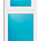 A white double-hung window with a smaller top window and a larger bottom window, both fitted with bright blue tinted glass, shown against a plain white background.