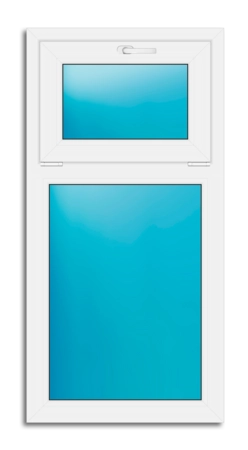 A white double-hung window with a smaller top window and a larger bottom window, both fitted with bright blue tinted glass, shown against a plain white background.