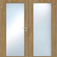 Double wooden door set with frosted glass panels and a silver metal handle on the left door.