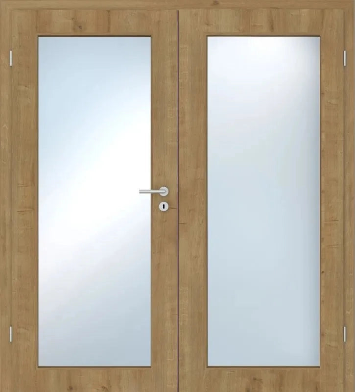 Double wooden door set with frosted glass panels and a silver metal handle on the left door.