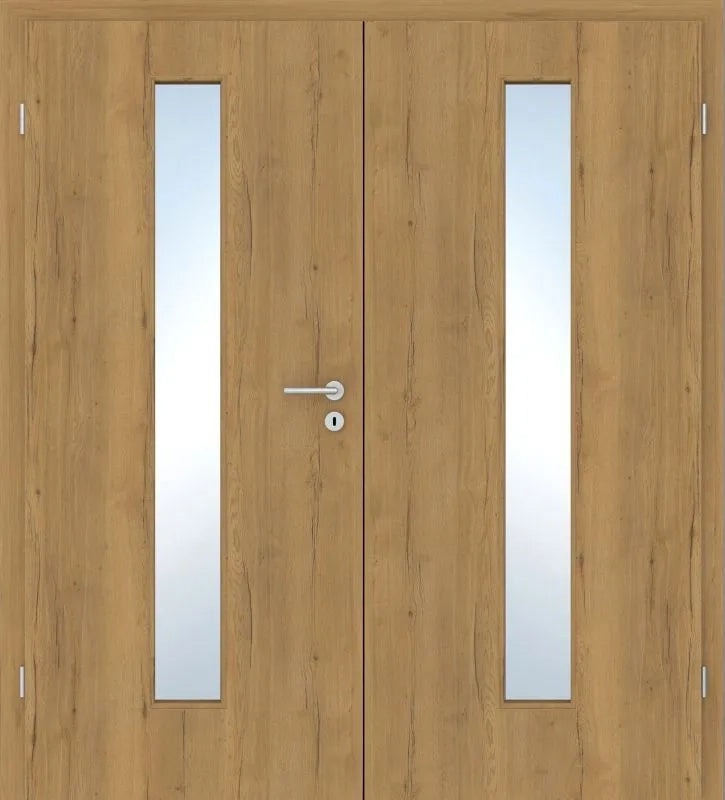A pair of light oak double doors with two vertical rectangular glass panes in the center of each door and a silver metal handle.