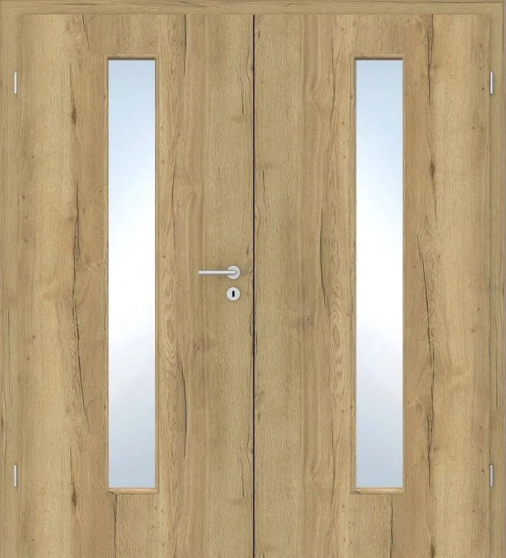 A pair of light oak double doors with two vertical frosted glass panels, a silver metal handle, and a keyhole lock.