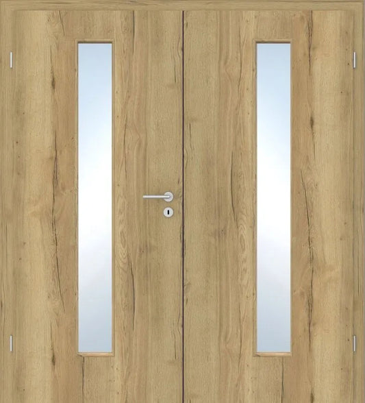 A pair of light oak double doors with two vertical frosted glass panels, a silver metal handle, and a keyhole lock.