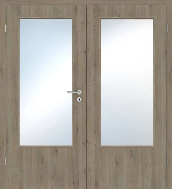 Double wooden doors with light oak grain and frosted rectangular glass panels, featuring a silver metal handle and lock on the left door.