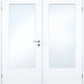 A pair of white double doors with rectangular frosted glass panels and a silver metal handle on the left door.