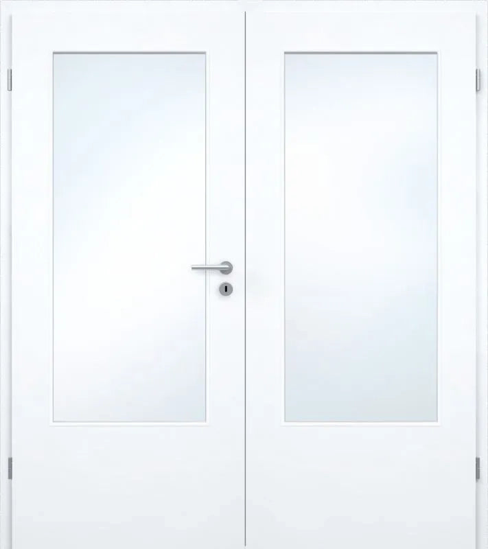 A pair of white double doors with rectangular frosted glass panels and a silver metal handle on the left door.