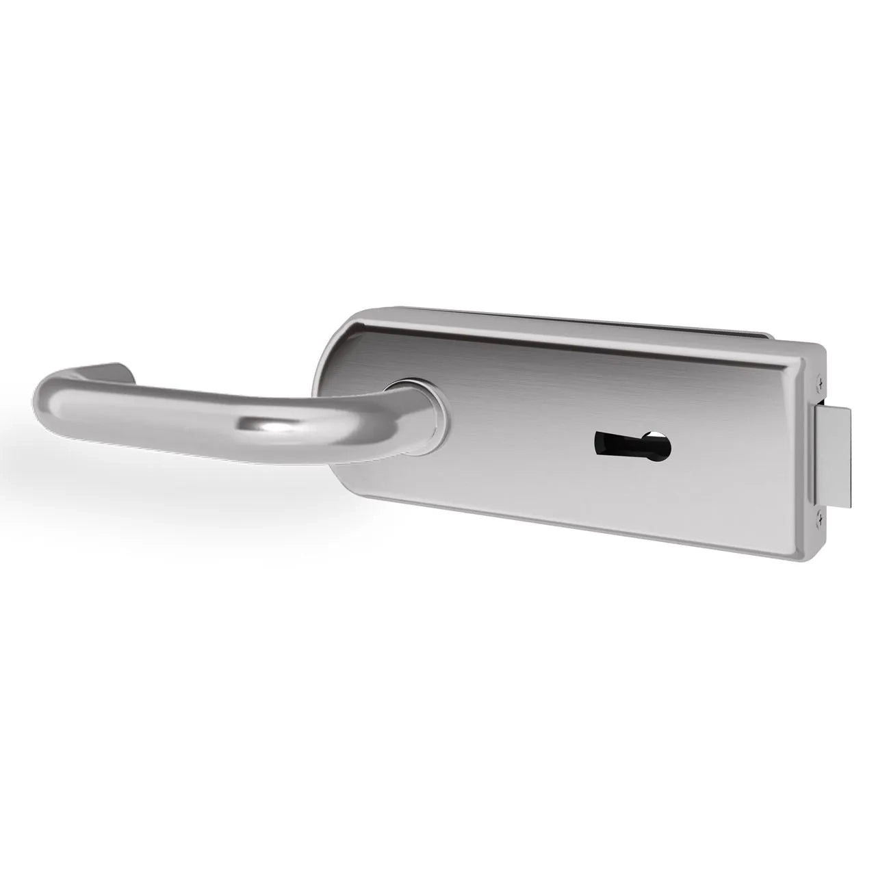 A polished chrome lever handle with a matching rectangular backplate and keyhole cutout, shown on a clean white background.