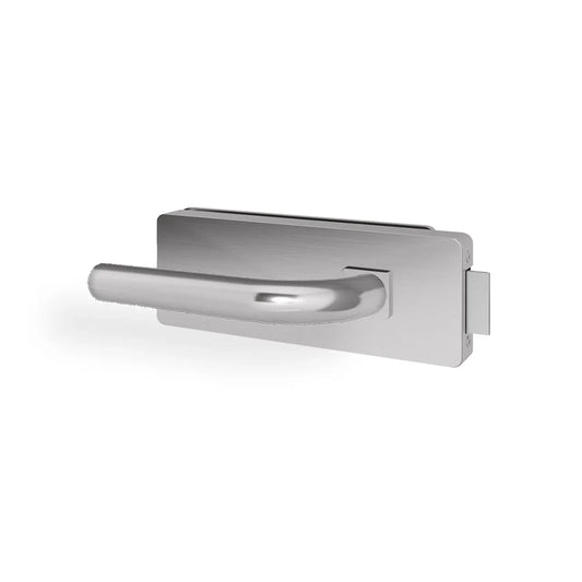 A modern lever handle door lockset in a polished chrome finish, shown from a three-quarters perspective against a plain white background.
