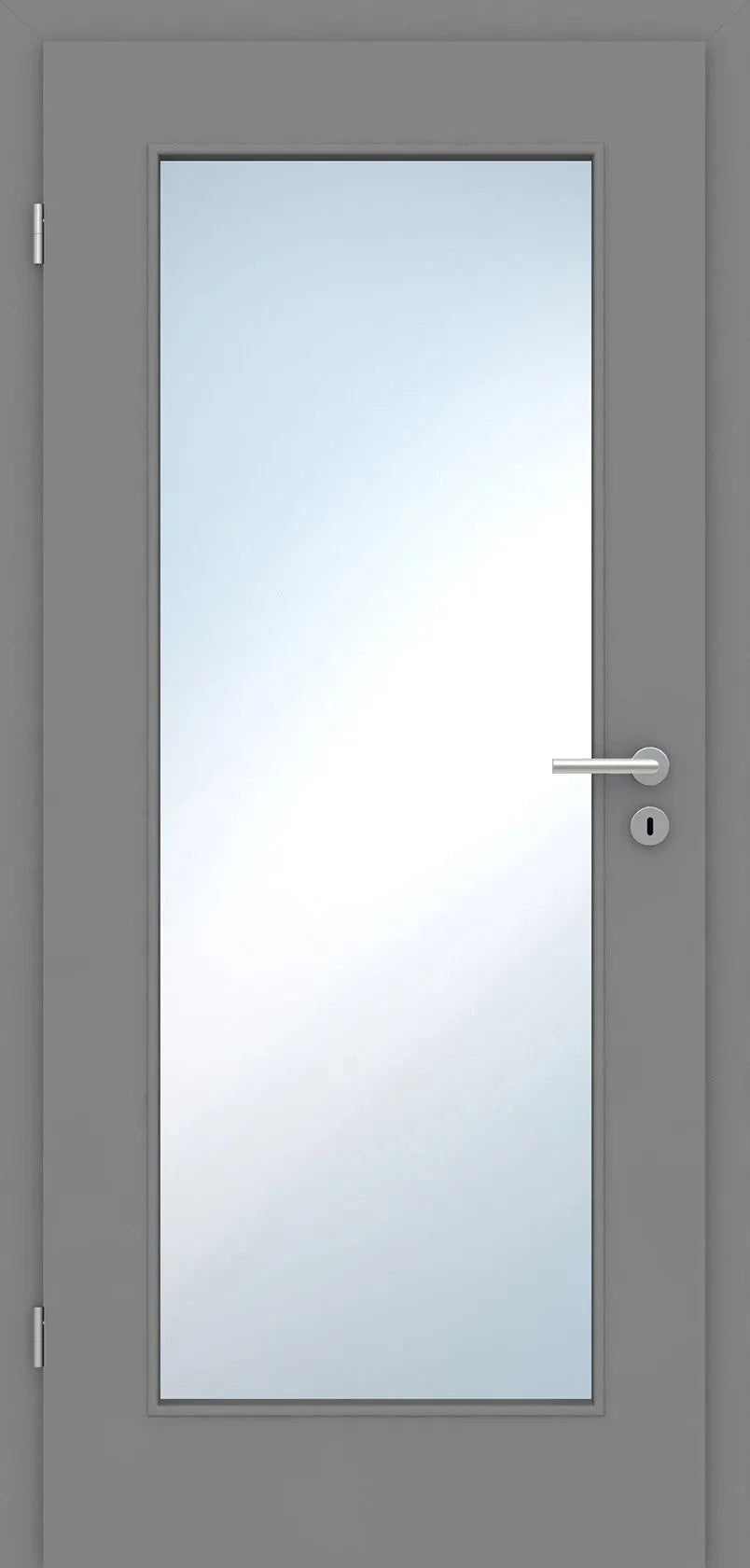 Gray door with a glass panel and silver handle