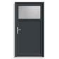 A dark charcoal gray single door with a frosted glass window on the upper half and a silver handle, shown against a plain white background.