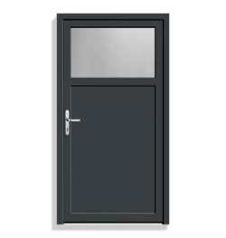 A dark charcoal gray single door with a frosted glass window on the upper half and a silver handle, shown against a plain white background.