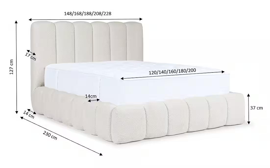 Polsterbett Cande Bouclé, hohes Kopfteil & Rillen-Design