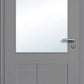 Gray door with a glass panel and handle