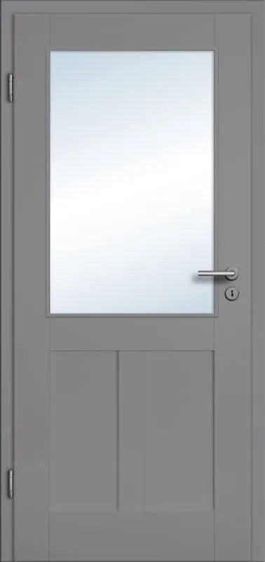 Gray door with a glass panel and handle