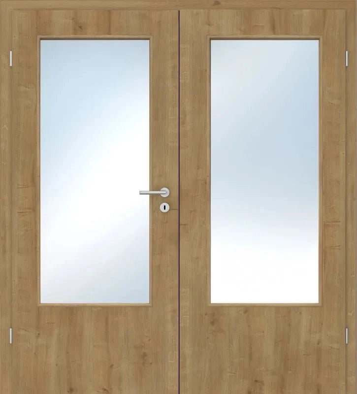 Wooden double door with glass panels on a white background