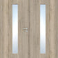 Wooden door with glass panels and a handle on a white background