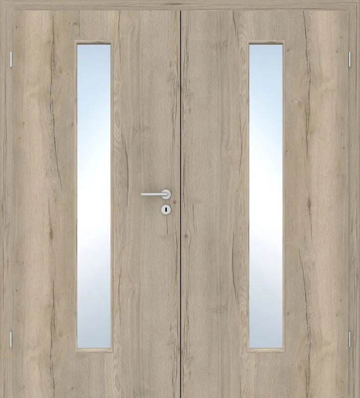 Wooden door with glass panels and a handle on a white background