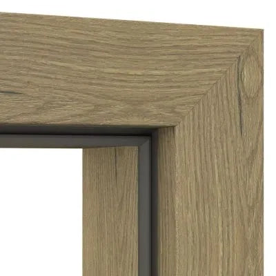 Close-up of a wooden frame corner with a white background