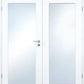 White double door set with frosted glass panels and a silver metal handle on the left door.