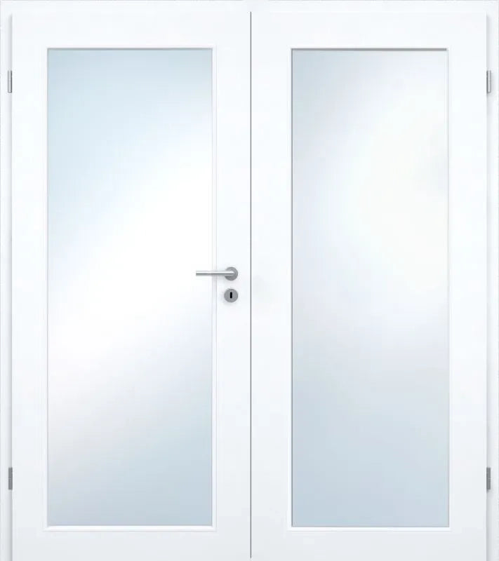 White double door set with frosted glass panels and a silver metal handle on the left door.