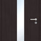 A modern dark brown wood-textured interior door with a tall, vertical rectangular glass window and a silver metal handle and lockset.