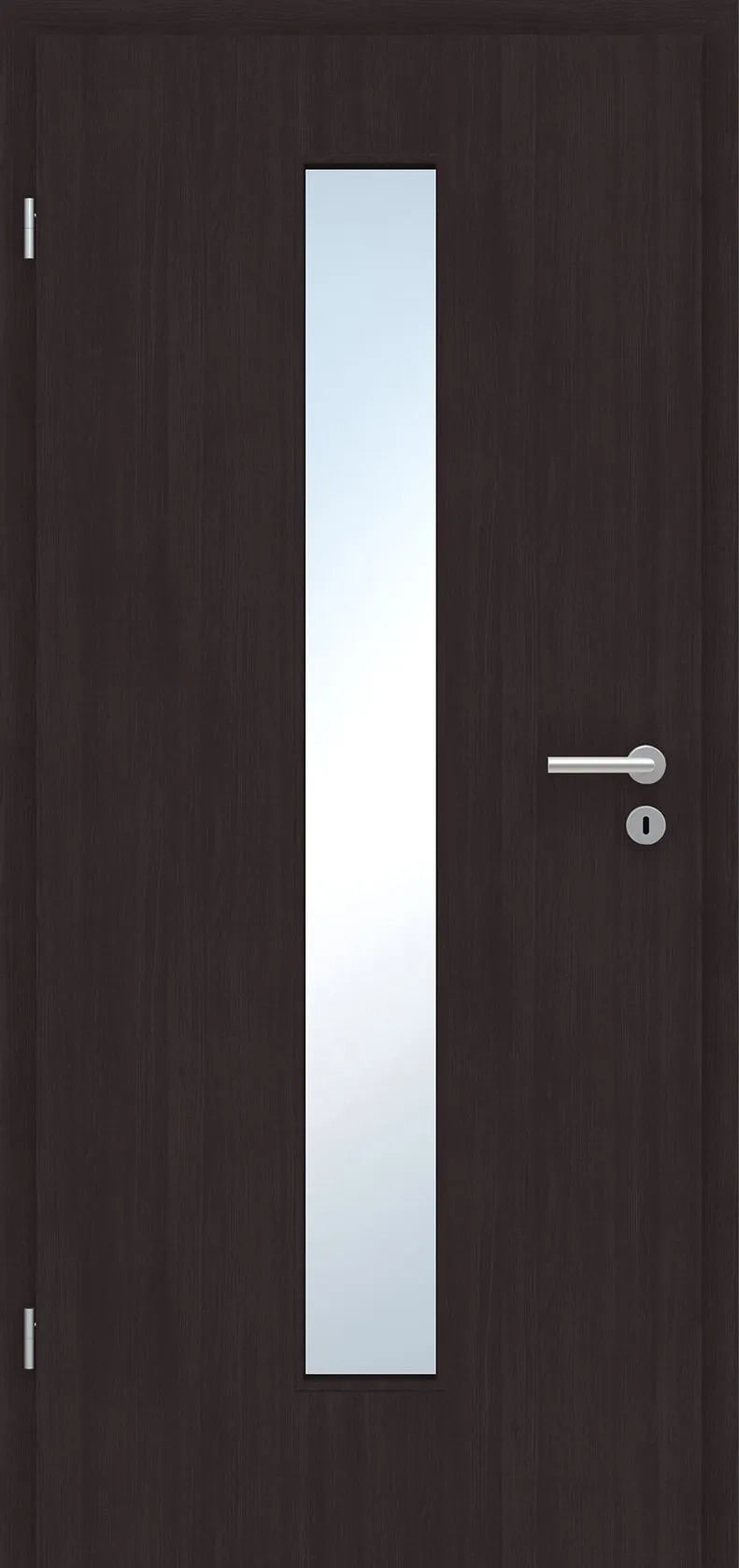 A modern dark brown wood-textured interior door with a tall, vertical rectangular glass window and a silver metal handle and lockset.