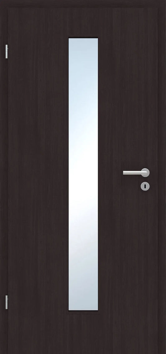 A modern dark brown wood-textured interior door with a tall, vertical rectangular glass window and a silver metal handle and lockset.