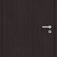 Dark brown wood grain interior door with a silver horizontal lever handle and keyhole.