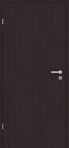 Dark brown wood grain interior door with a silver horizontal lever handle and keyhole.