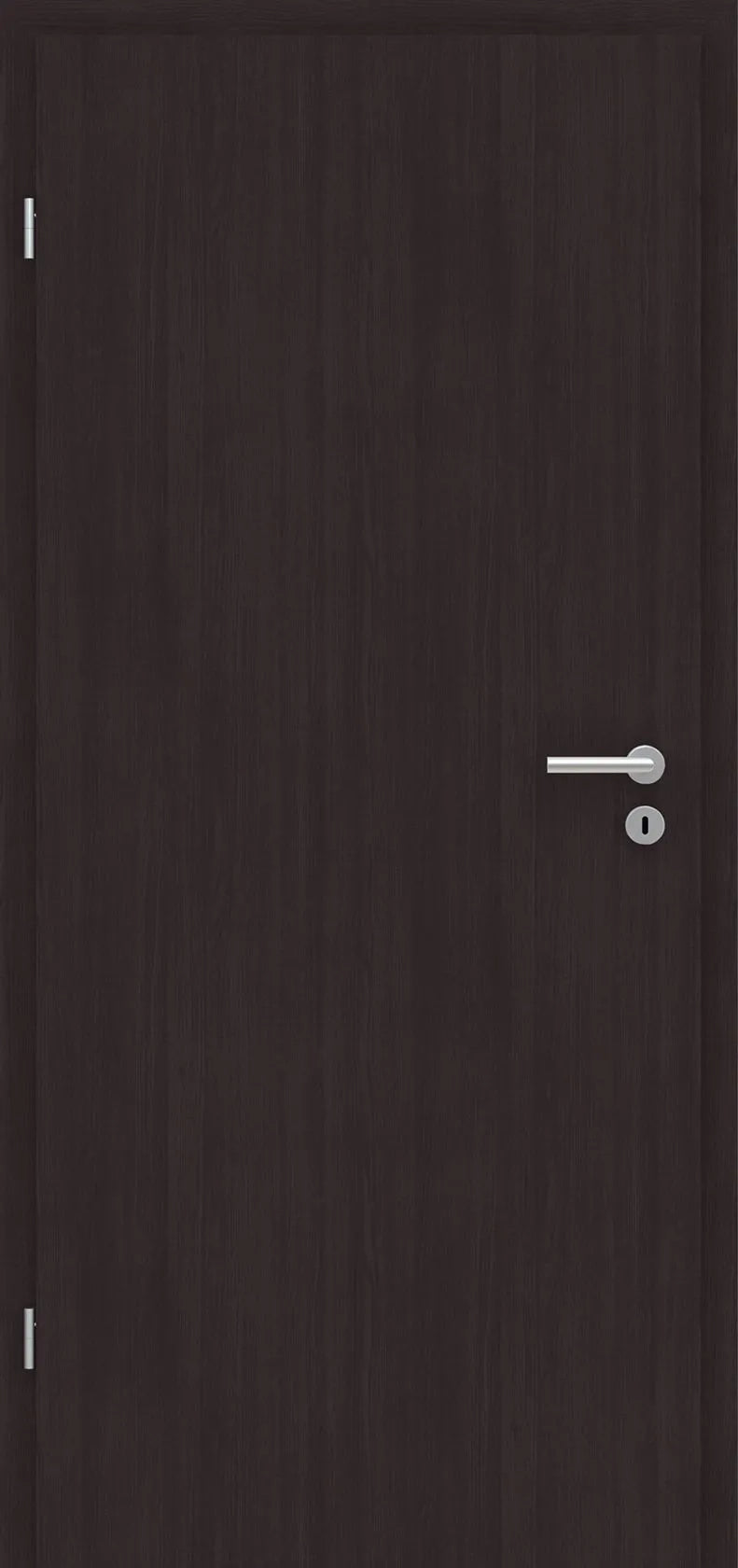 Dark brown wood grain interior door with a silver horizontal lever handle and keyhole.