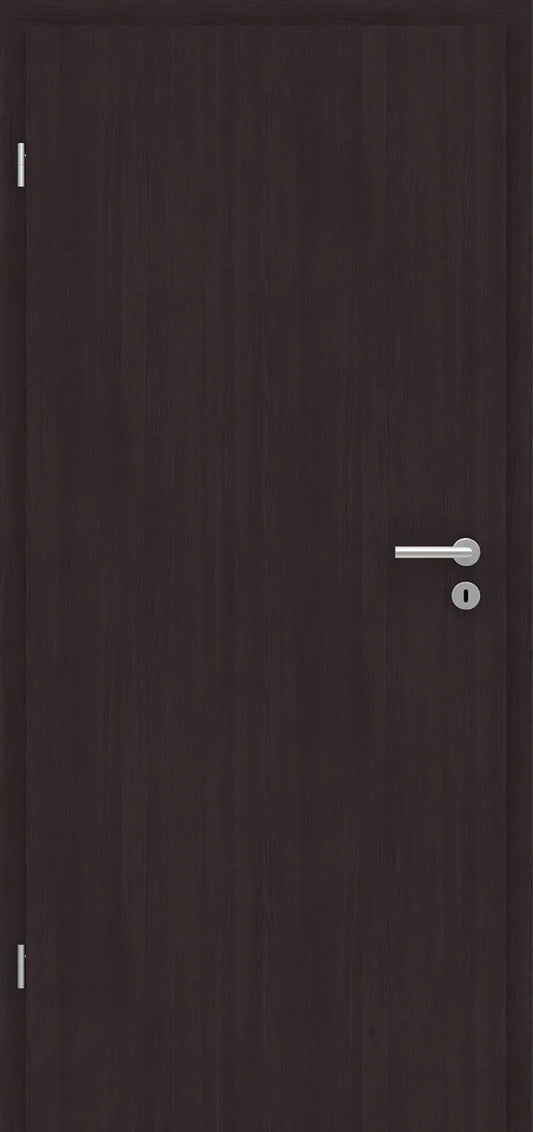 Dark brown wood grain interior door with a silver horizontal lever handle and keyhole.