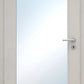 White door with a glass panel and silver handle on a white background