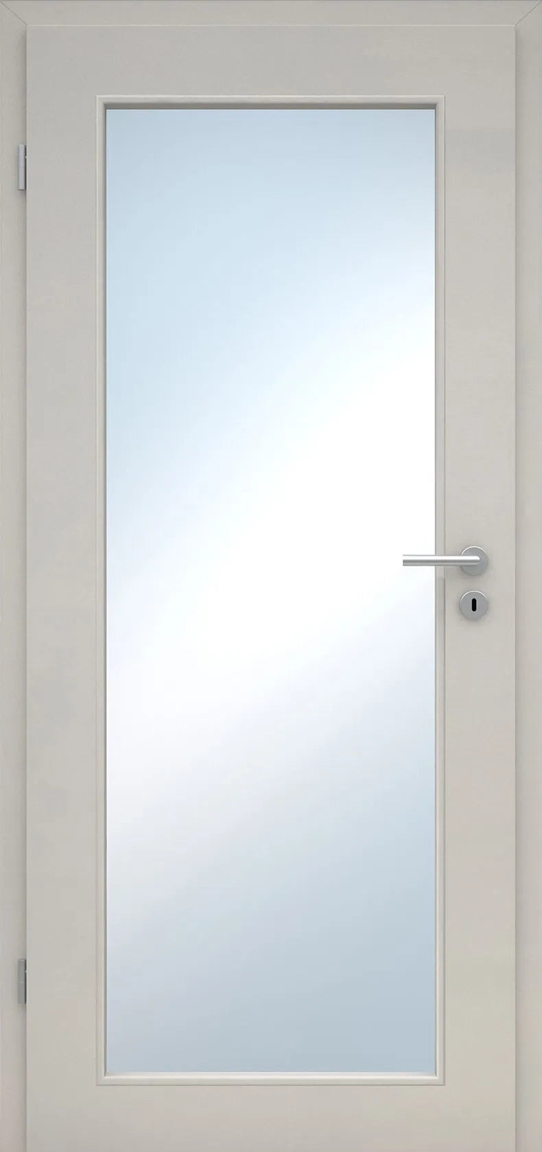 White door with a glass panel and silver handle on a white background