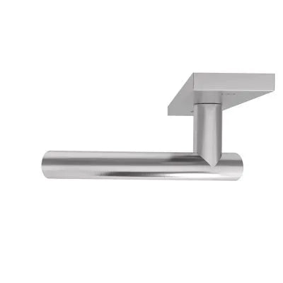 A modern wall-mounted cylindrical towel bar with a square backplate, finished in a brushed silver chrome.