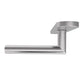 A modern wall-mounted toilet paper holder with a cylindrical arm and a flat mounting plate, finished in a brushed silver chrome.