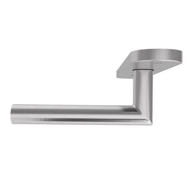 A modern wall-mounted toilet paper holder with a cylindrical arm and a flat mounting plate, finished in a brushed silver chrome.