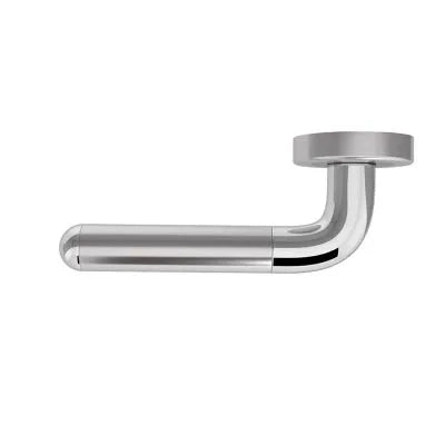 A modern wall-mounted bathroom mirror with a sleek, curved chrome handle and a circular mounting plate, shown against a plain white background.