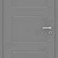 A modern gray interior door with three recessed rectangular panels and a silver metal lever handle with a keyhole lock.