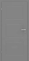 A modern gray interior door with three recessed rectangular panels and a silver metal lever handle with a keyhole lock.