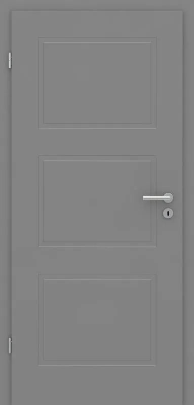 A modern gray interior door with three recessed rectangular panels and a silver metal lever handle with a keyhole lock.