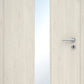 Wooden door with a glass panel and handle on a light background