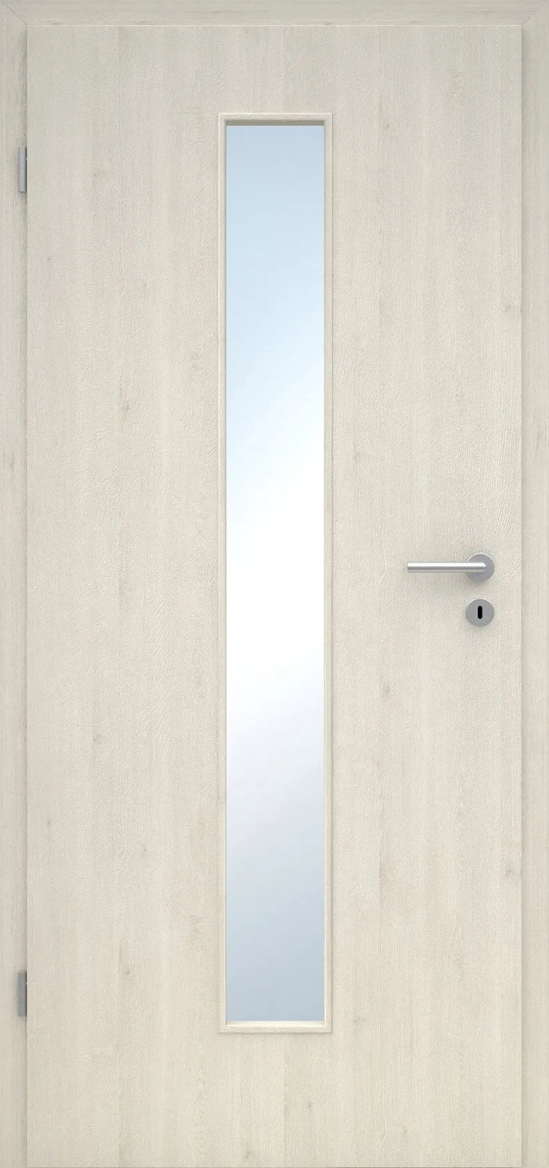 Wooden door with a glass panel and handle on a light background
