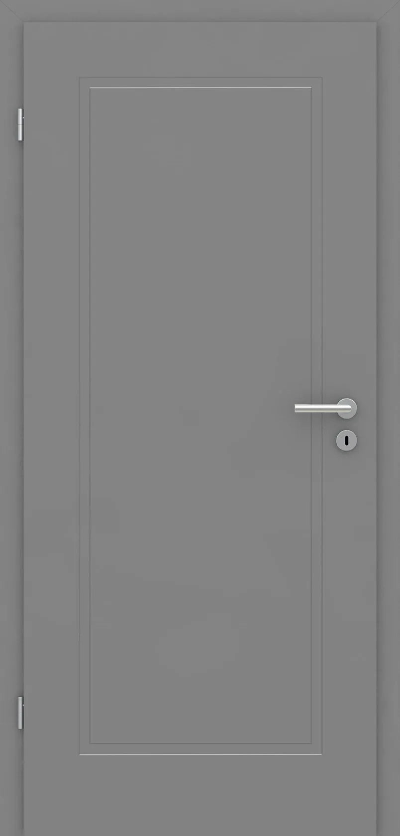 Gray door with a silver handle on a gray background