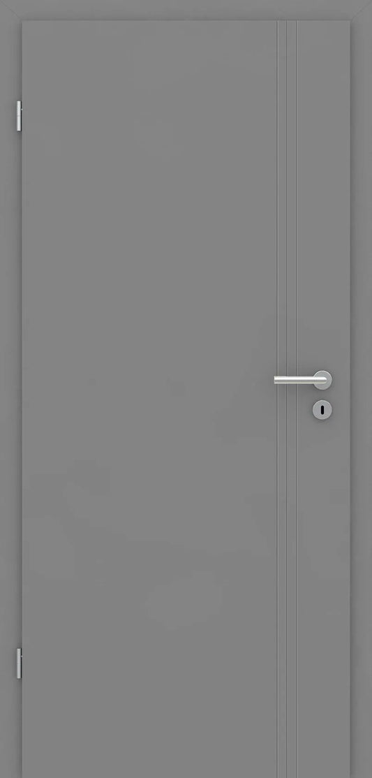 Gray door with a silver handle on a gray background