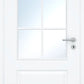A white interior door with a six-pane glass top section, a silver metal handle, and a round keyhole, shown against a white background.