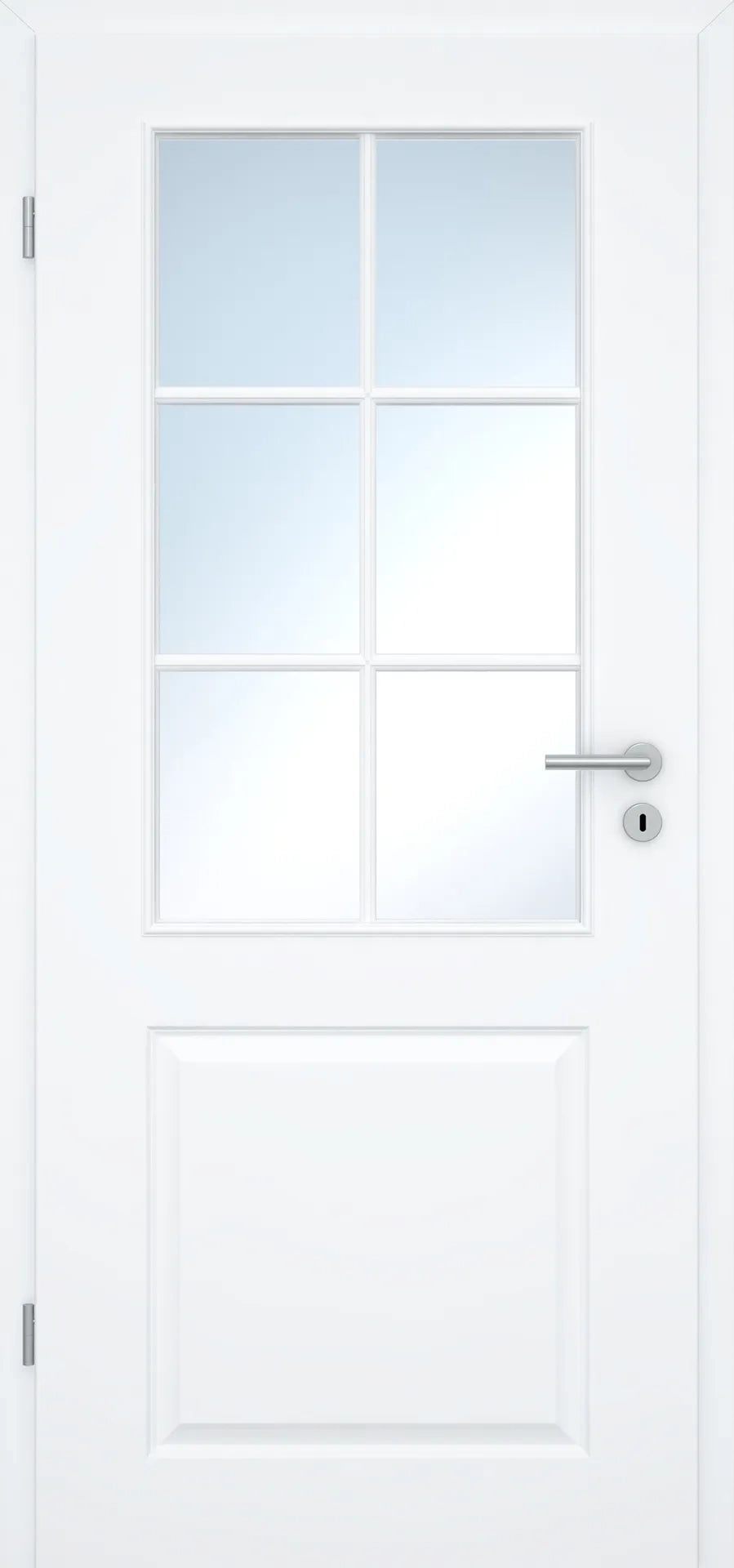 A white interior door with a six-pane glass top section, a silver metal handle, and a round keyhole, shown against a white background.