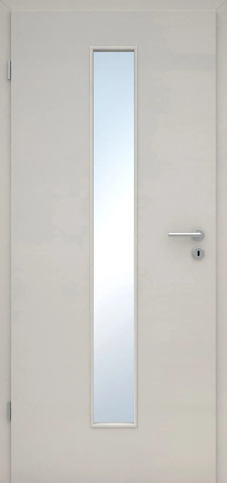 Light gray door with a narrow vertical glass panel and silver handle.