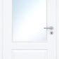 A white interior door with a rectangular frosted glass window in the upper half, a silver horizontal handle, and a round keyhole, shown against a white background.