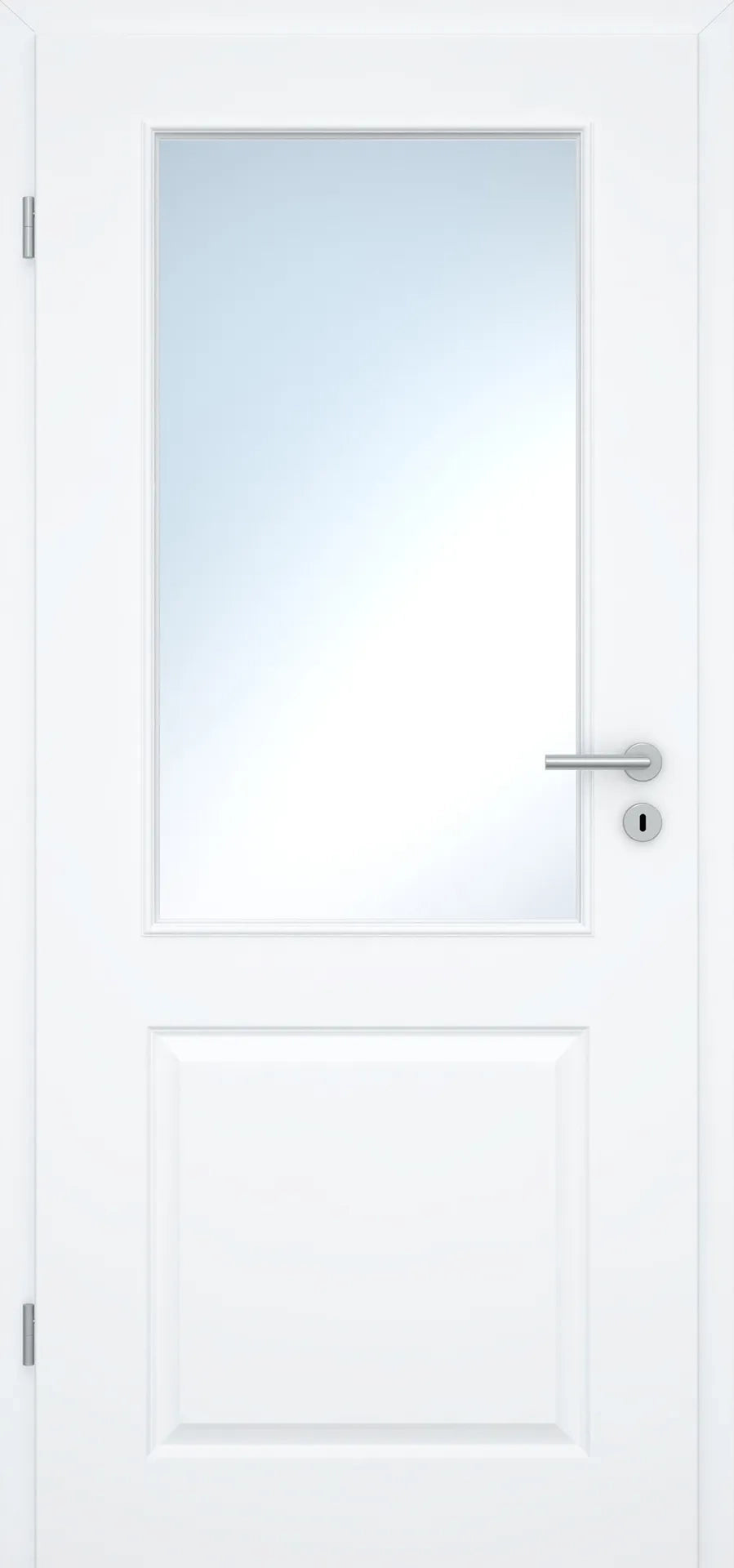 A white interior door with a rectangular frosted glass window in the upper half, a silver horizontal handle, and a round keyhole, shown against a white background.